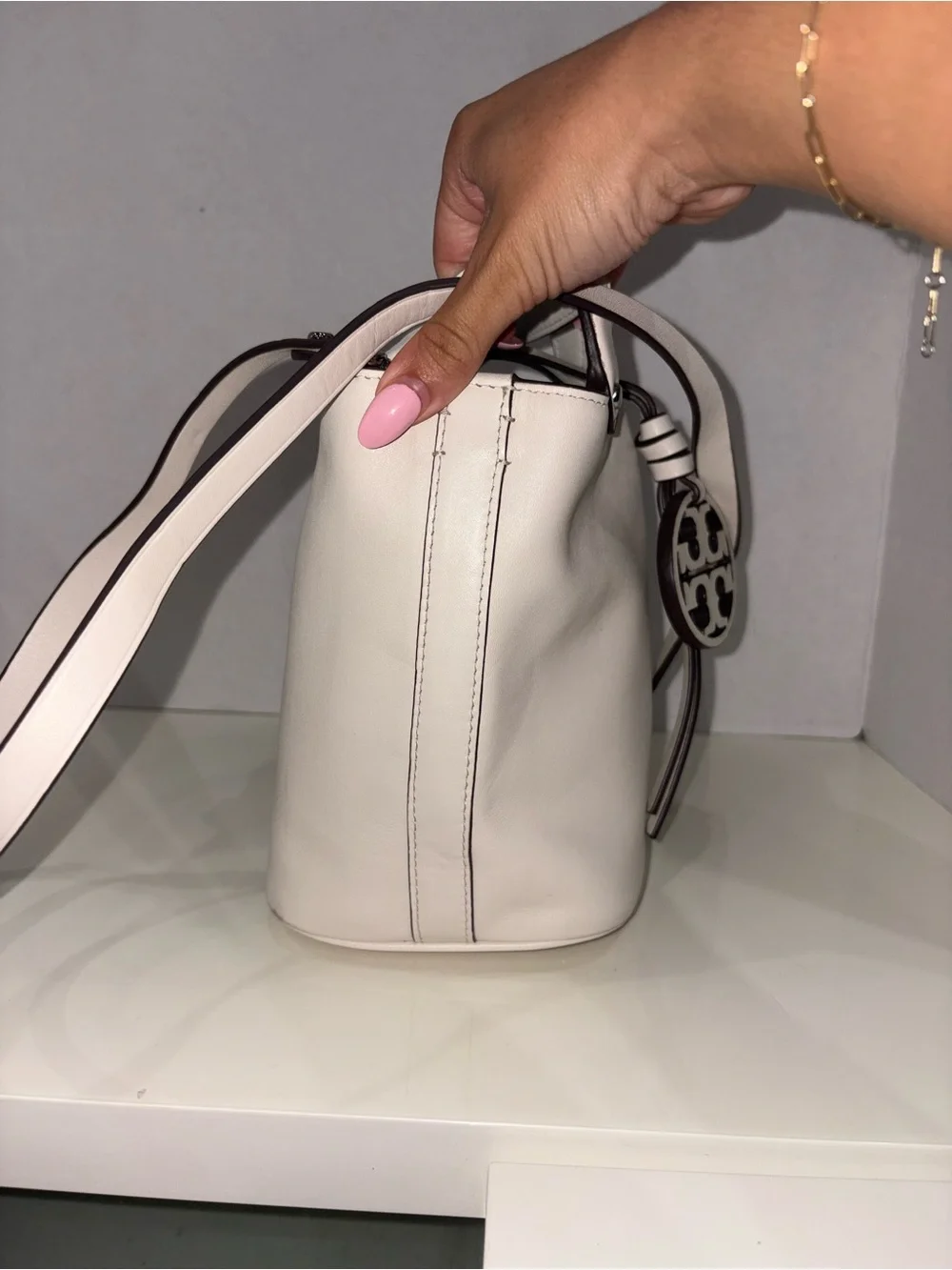 Tory Burch Cream Mini Bucket Bag with Logo Medallion